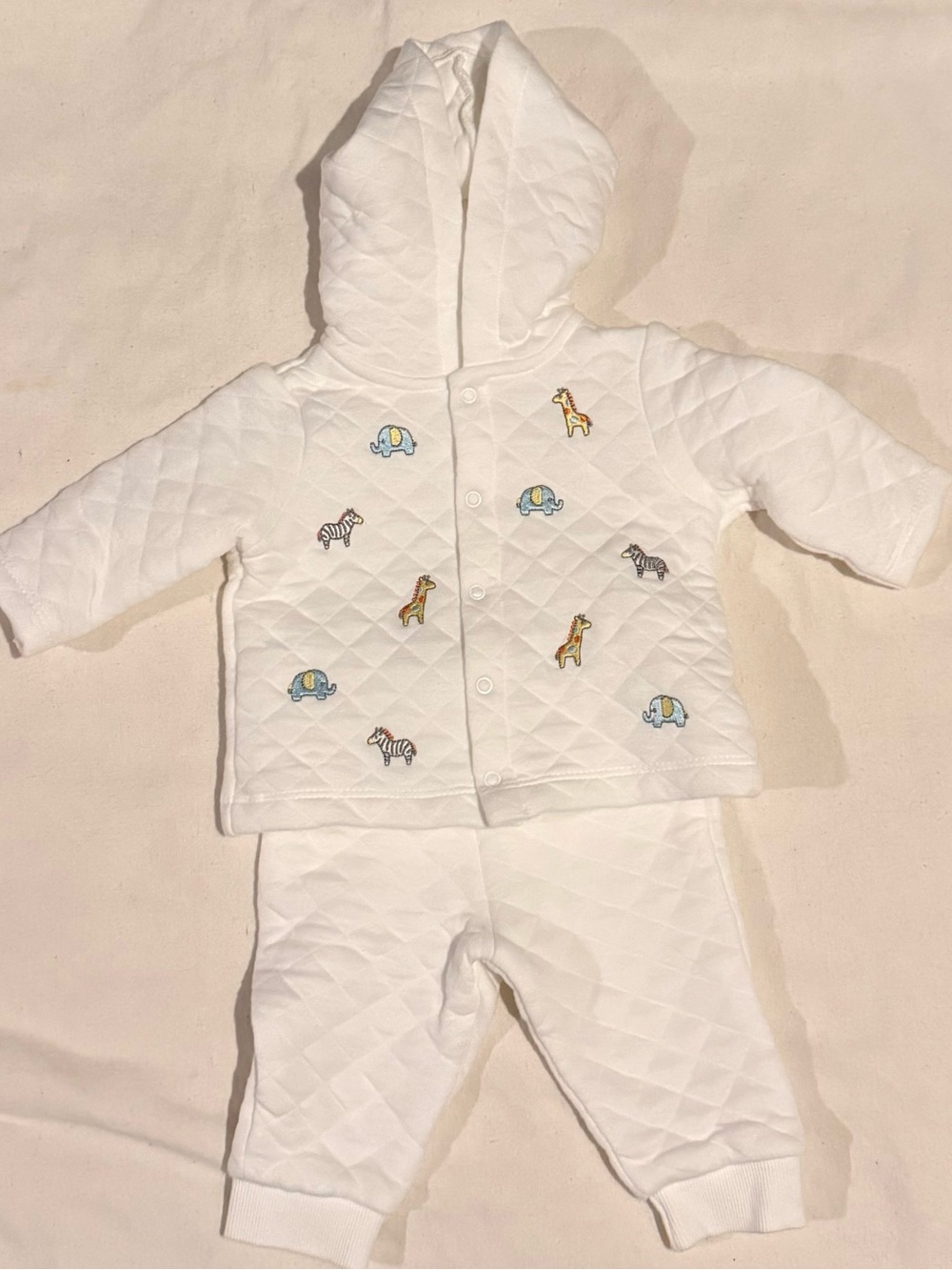 Little Me White Quilted Baby Hoodie and Pants Set with Animal Embroidery